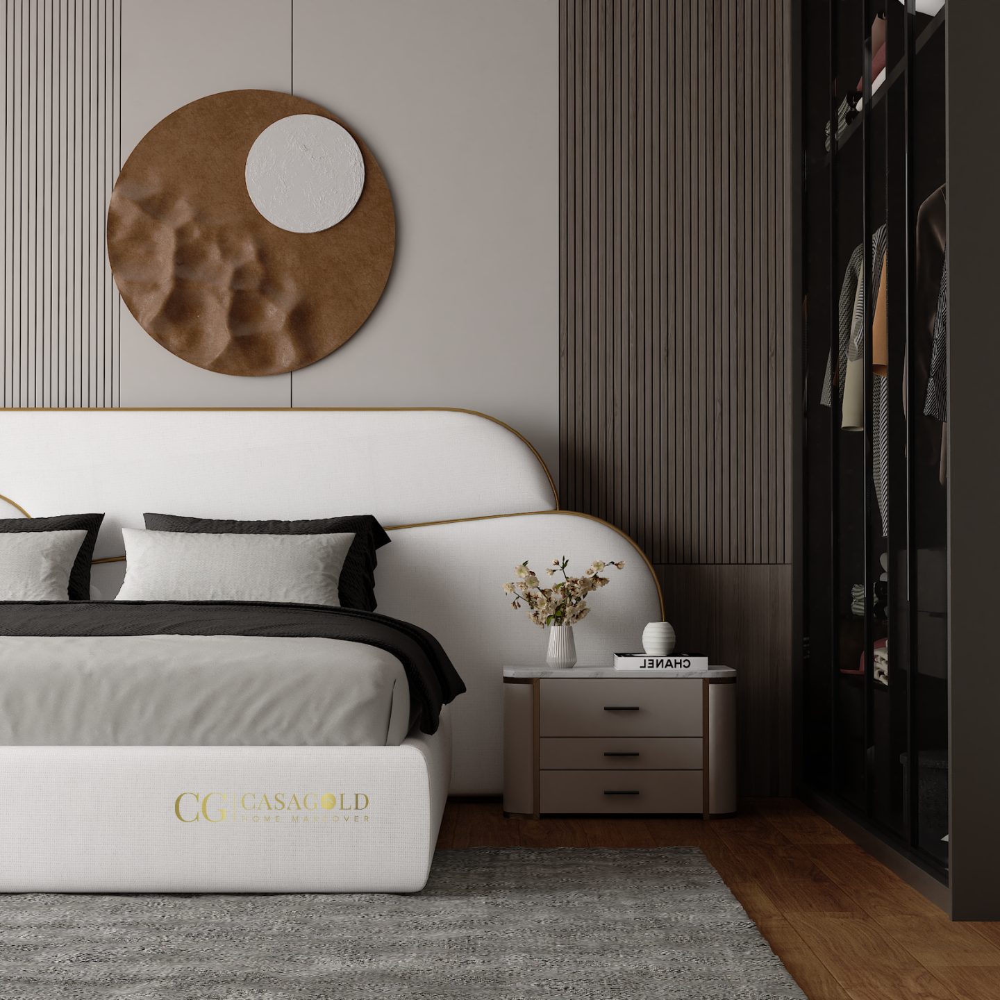 Bedroom with a white upholstered storage bed, decorative paneling, and elegant side tables.
