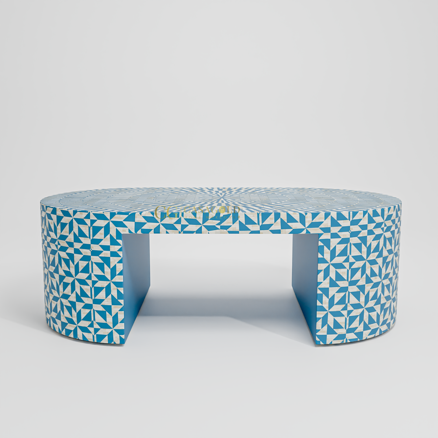 Stylish coffee table with sunburst-like blue tile design and hollow middle section