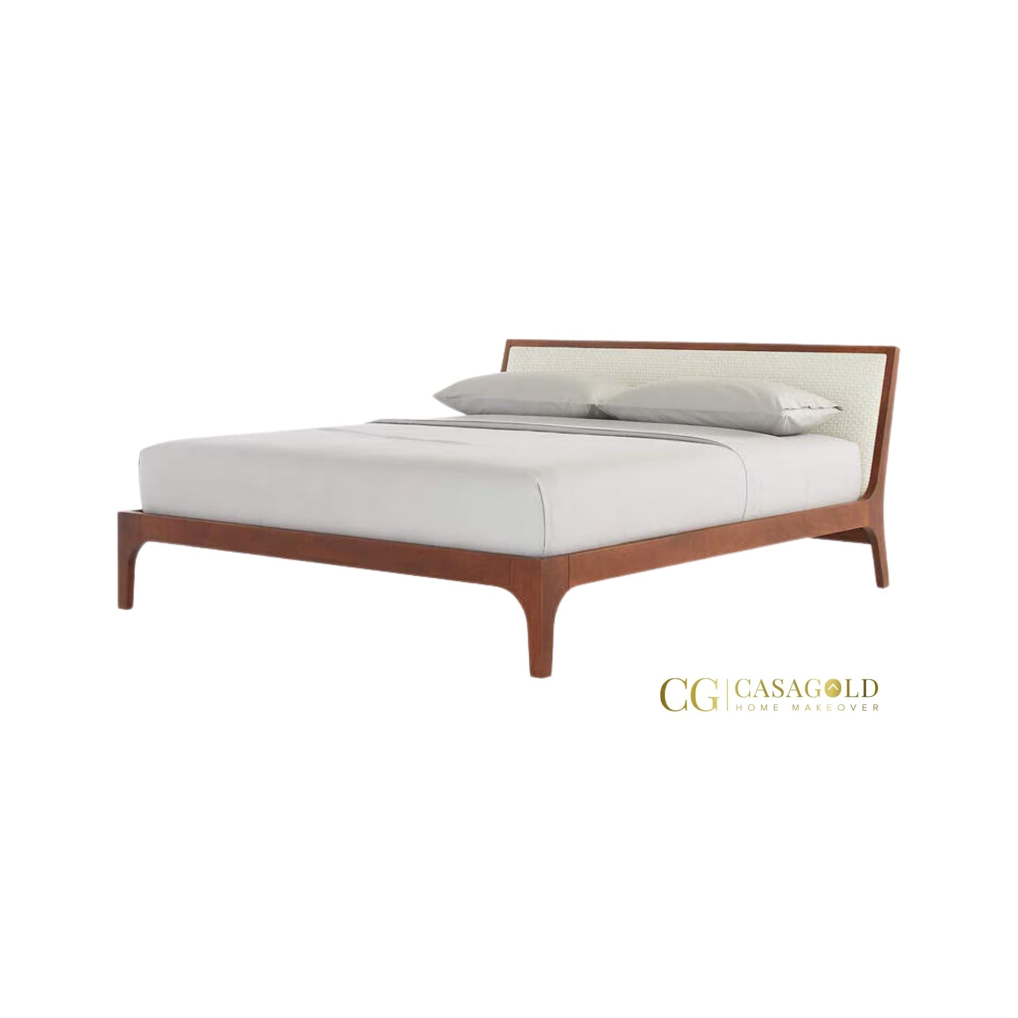 Minimalist acacia bed with a woven cane headboard