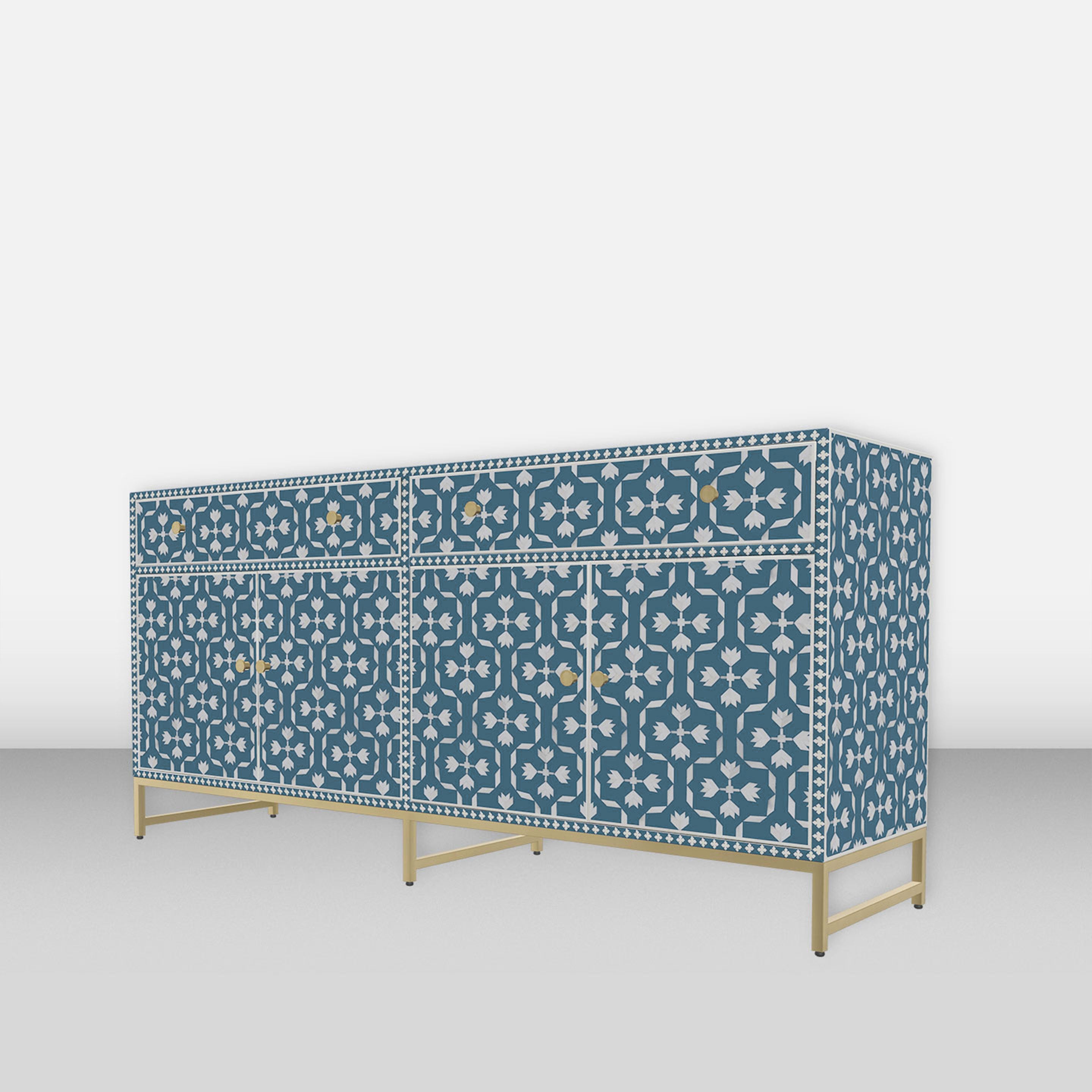 Teal Bone Inlay Cabinet with Drawers