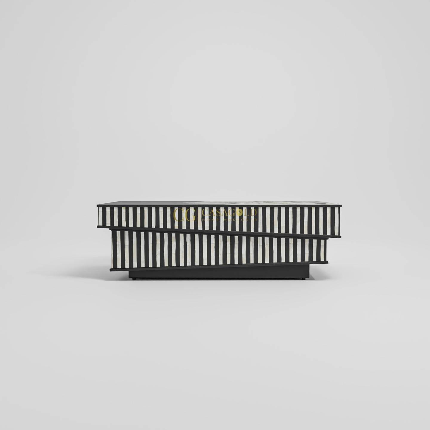 Low rectangular coffee table showcasing artistic top graphics and a three-tier striped structure.