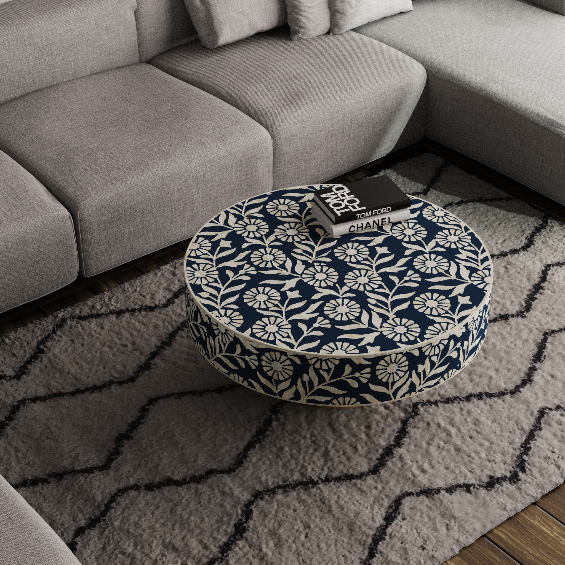 Timeless round coffee table with bone inlay