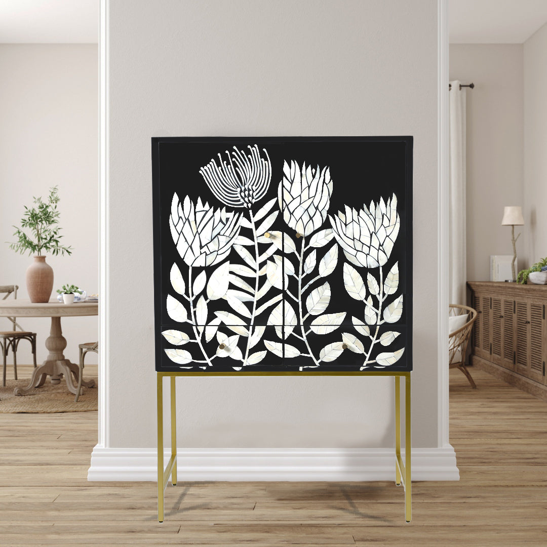 Tulip-pattern inlay storage cabinet with intricate detailing.