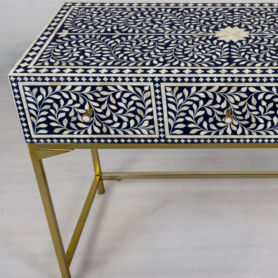 Unique Blue bone inlay console table with bold chevron pattern