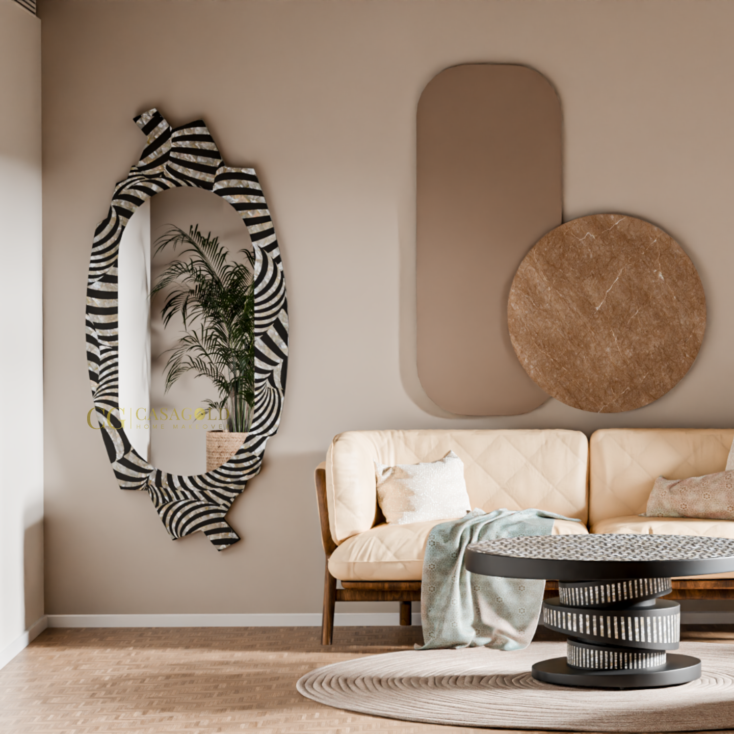 Unique handmade mirror with geometric frame, positioned near a cozy seating area and round wall art.