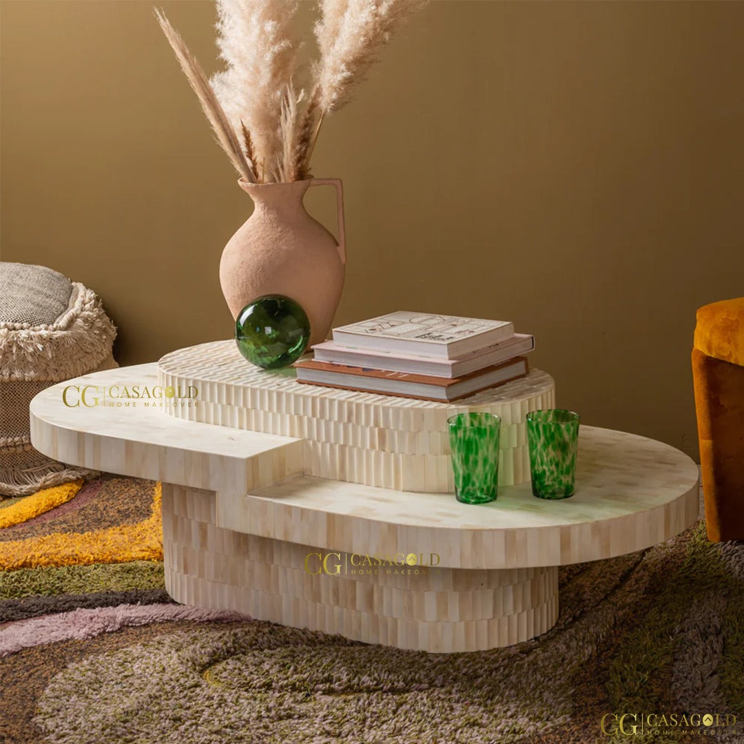 "Unique bone inlay coffee table oval shape for luxurious spaces"