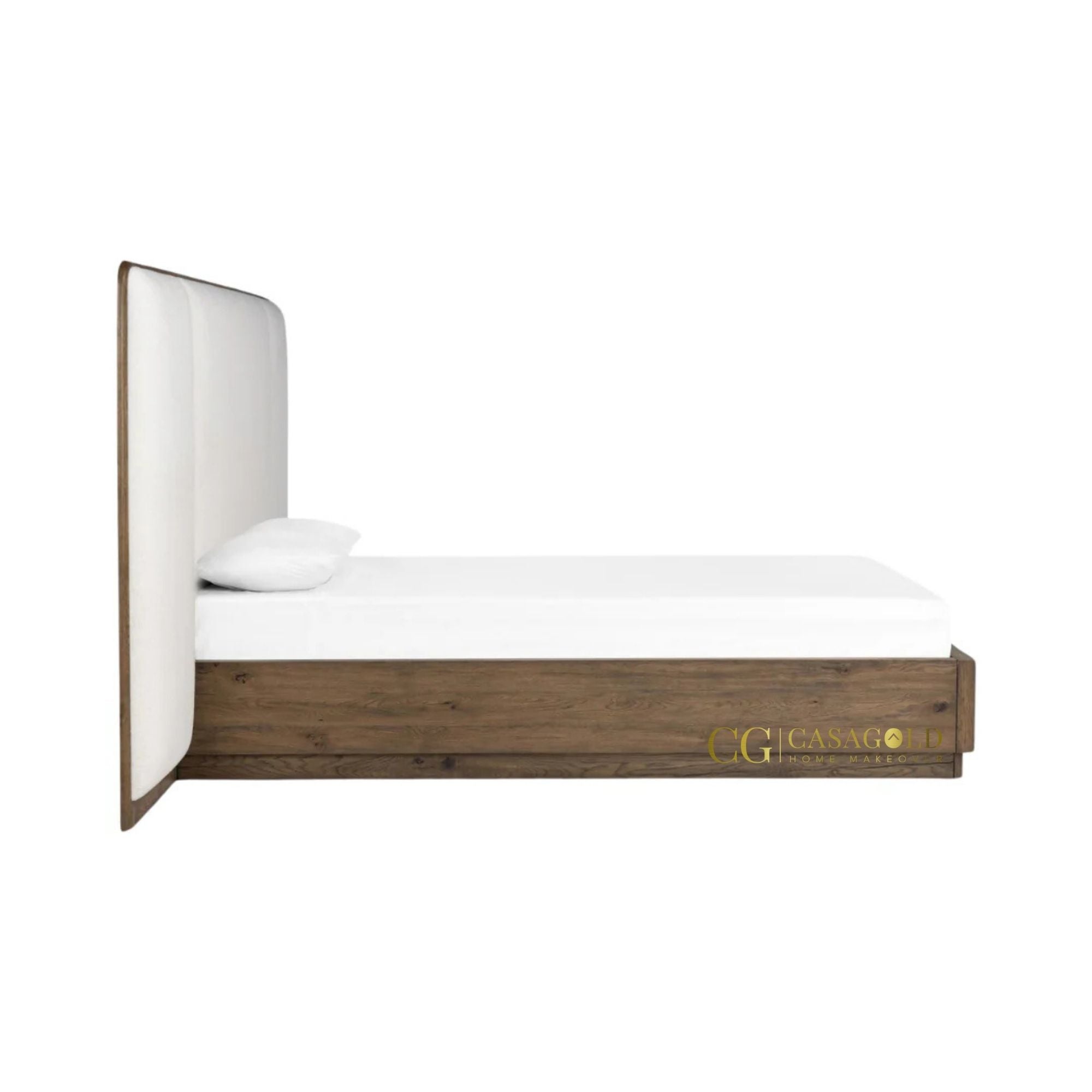 Minimalist bed frame with a dramatic upholstered headboard and sturdy wooden rails.
