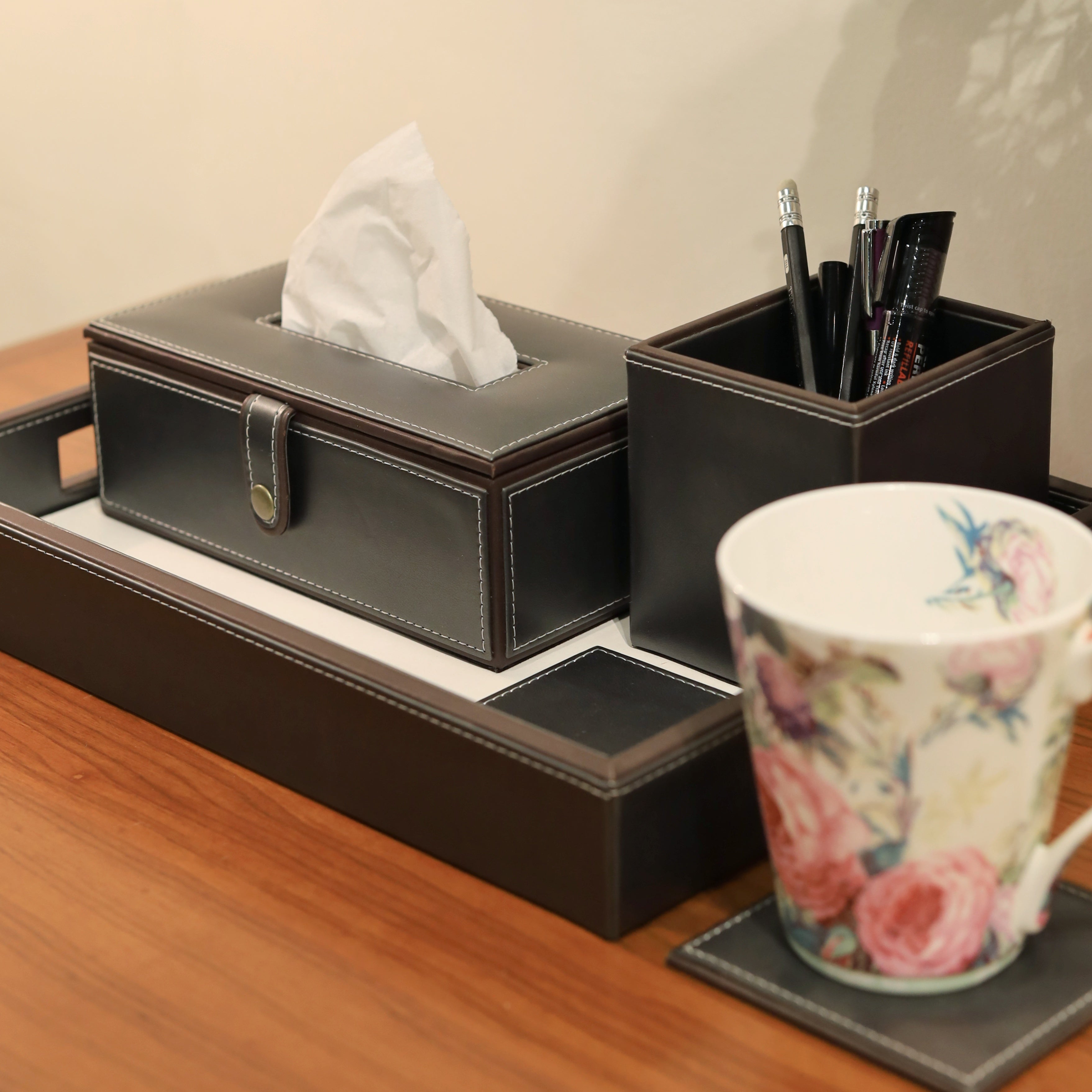 Classic Black leather desk organizer set
