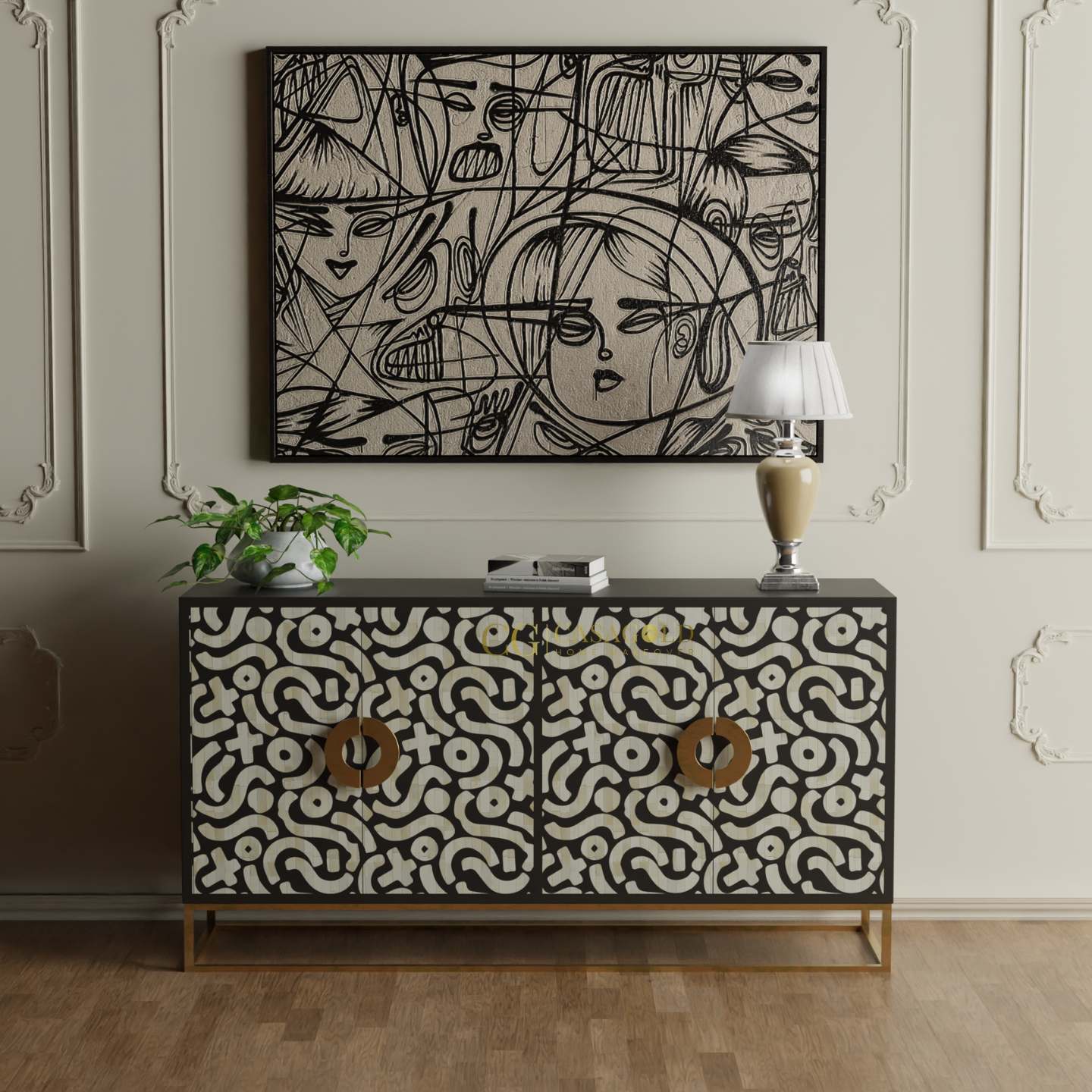 Vintage Black and White Inlay Sideboard. slim storage cabinet tall corner cabinet bathroom linen cabinets, pantry storage cabinet