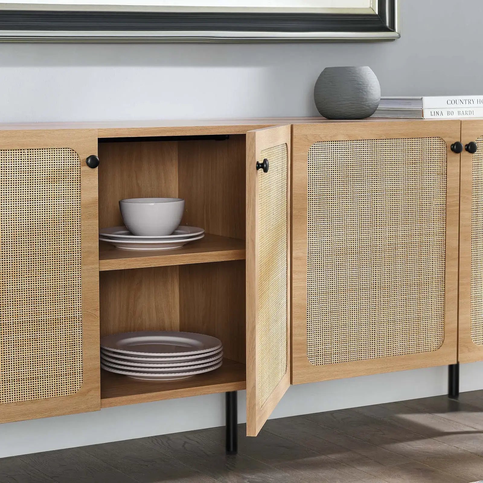 Vintage-inspired rattan console cabinet
