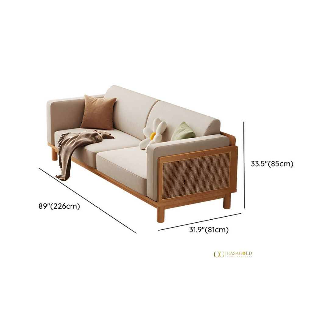 "Vintage style rattan sofa paired with floral cushions for a nostalgic look"