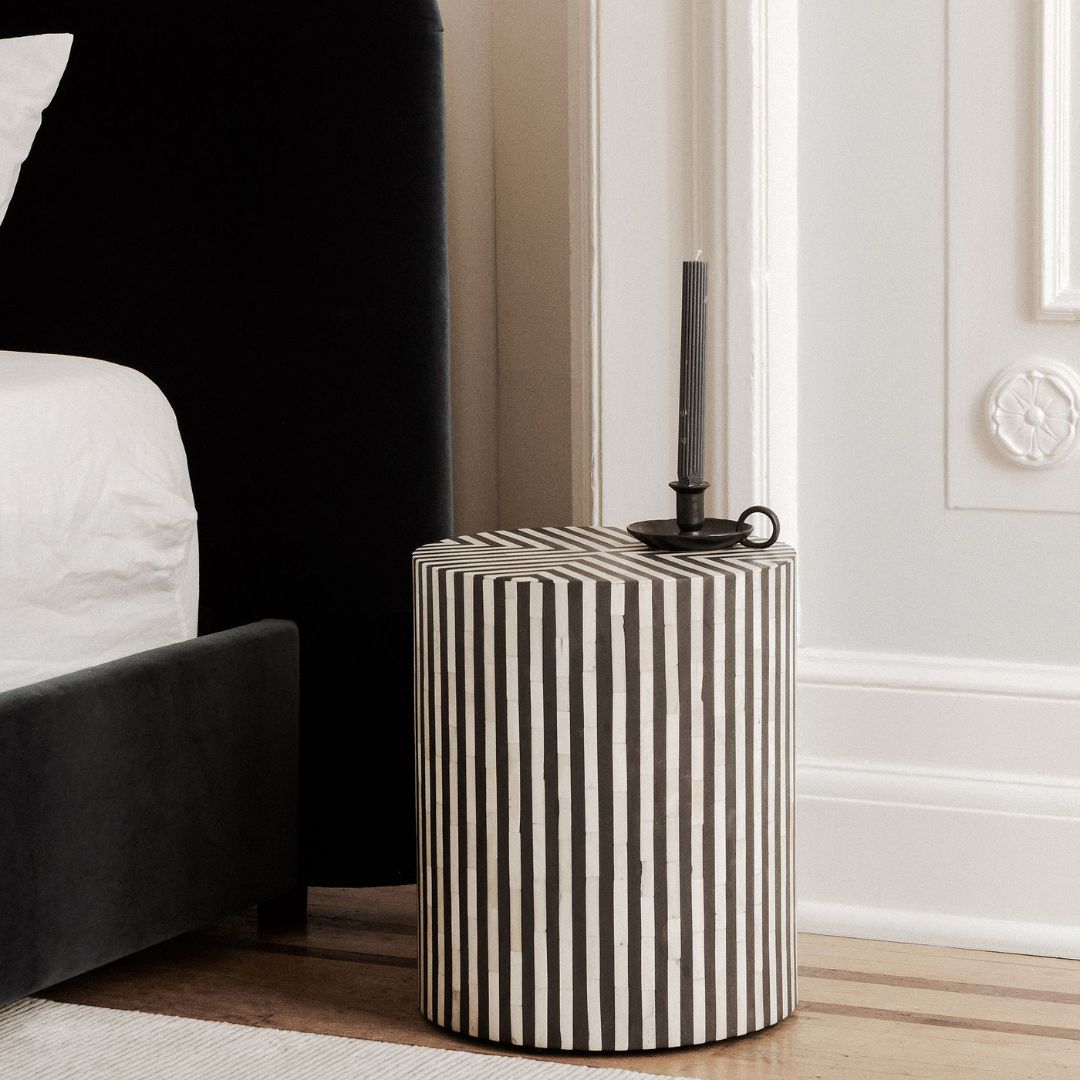 "Waterfall-patterned drum inlay side table for modern homes"