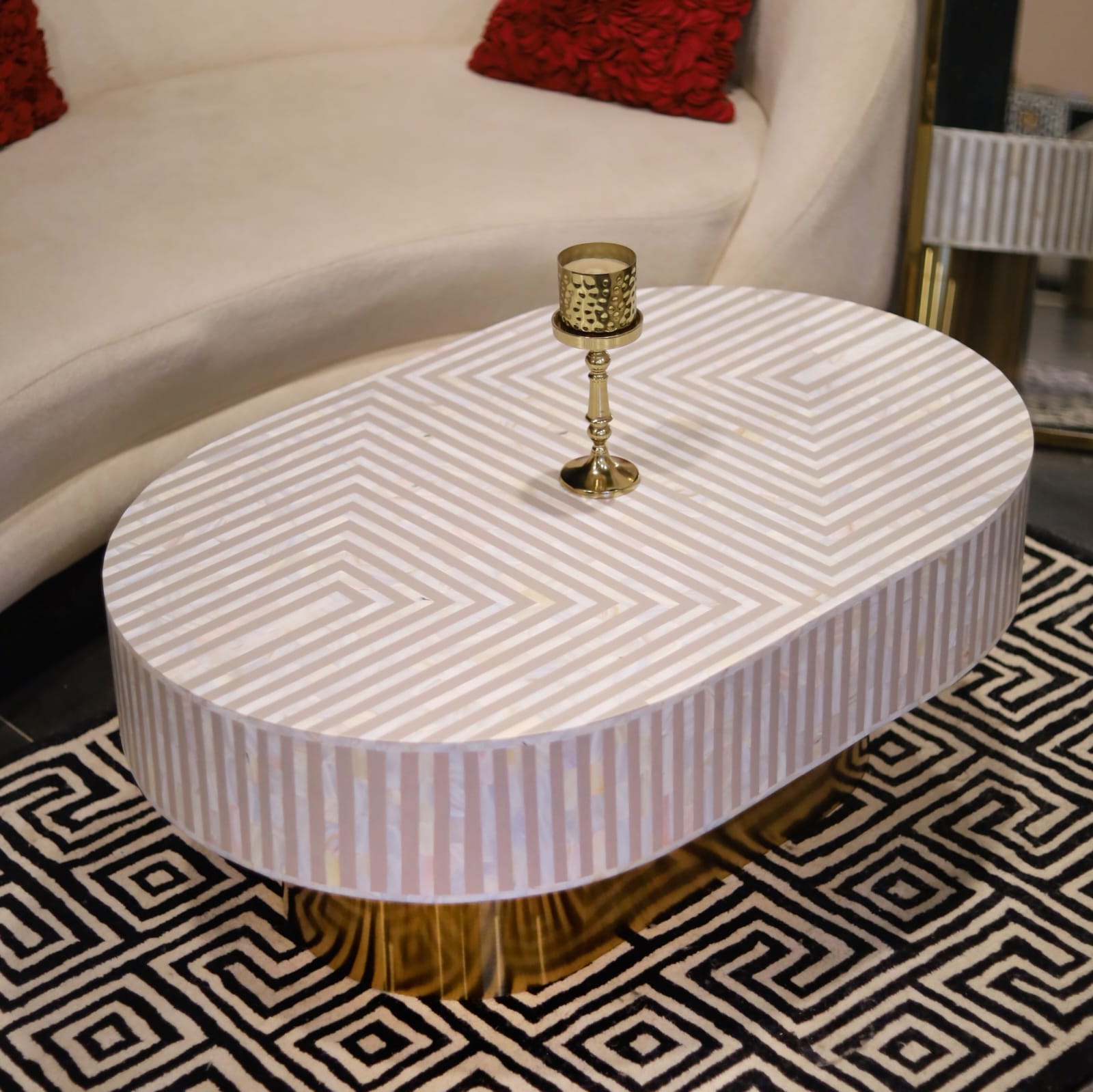 Striped Harmony Inlay Oval Shape Coffee Table (Light Brown) (Ready to Ship)