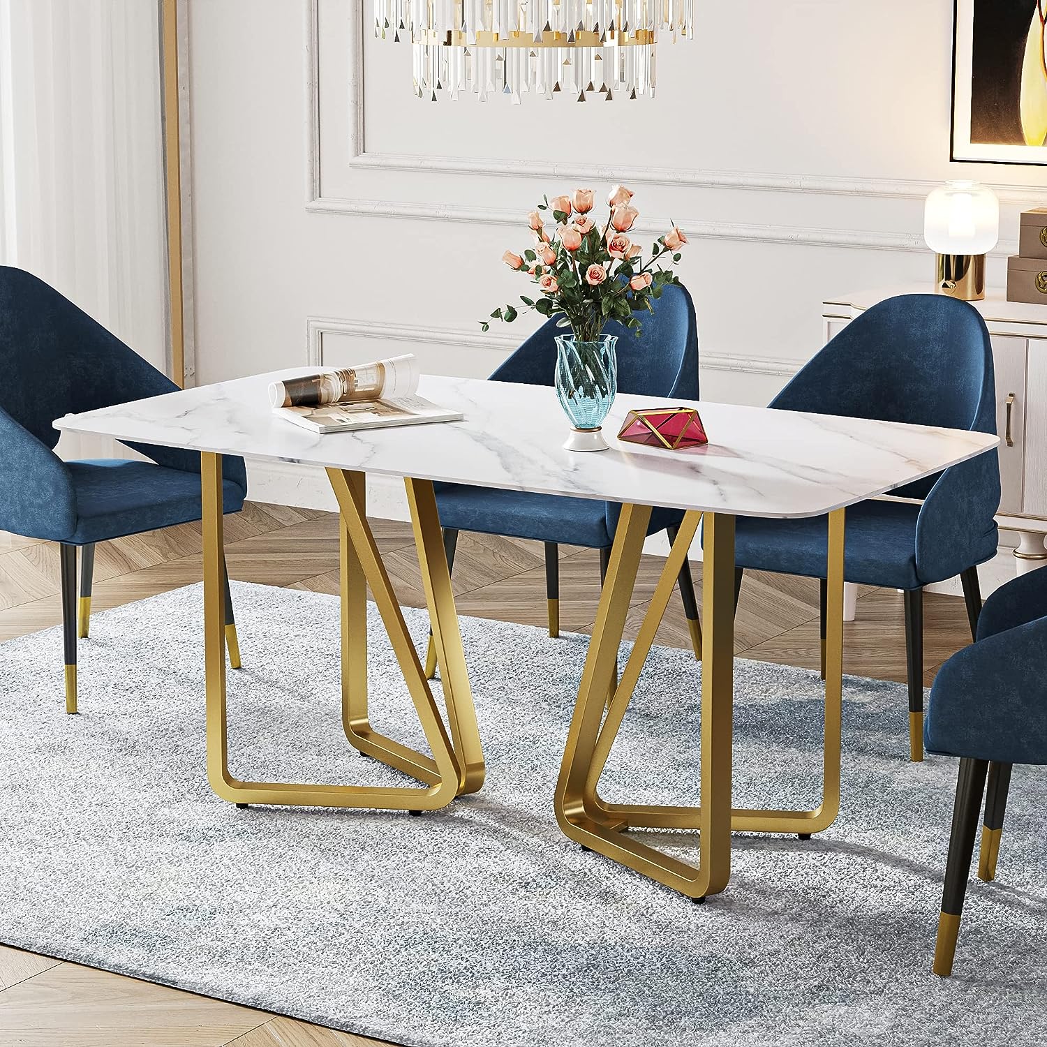 White Carrara Marble Dining Table with a Polished Finish