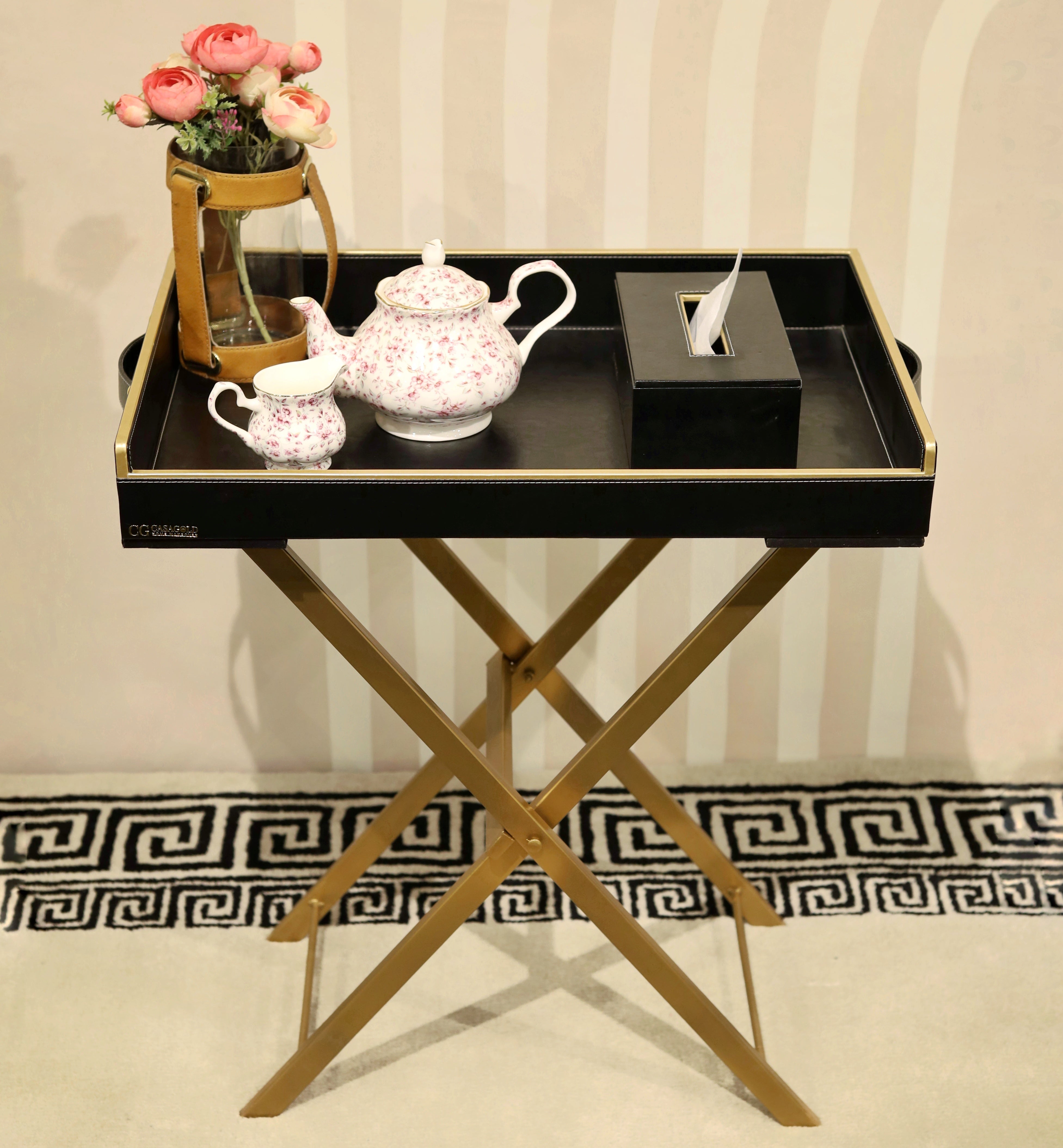 Wooden butler tray with stand for serving and decor