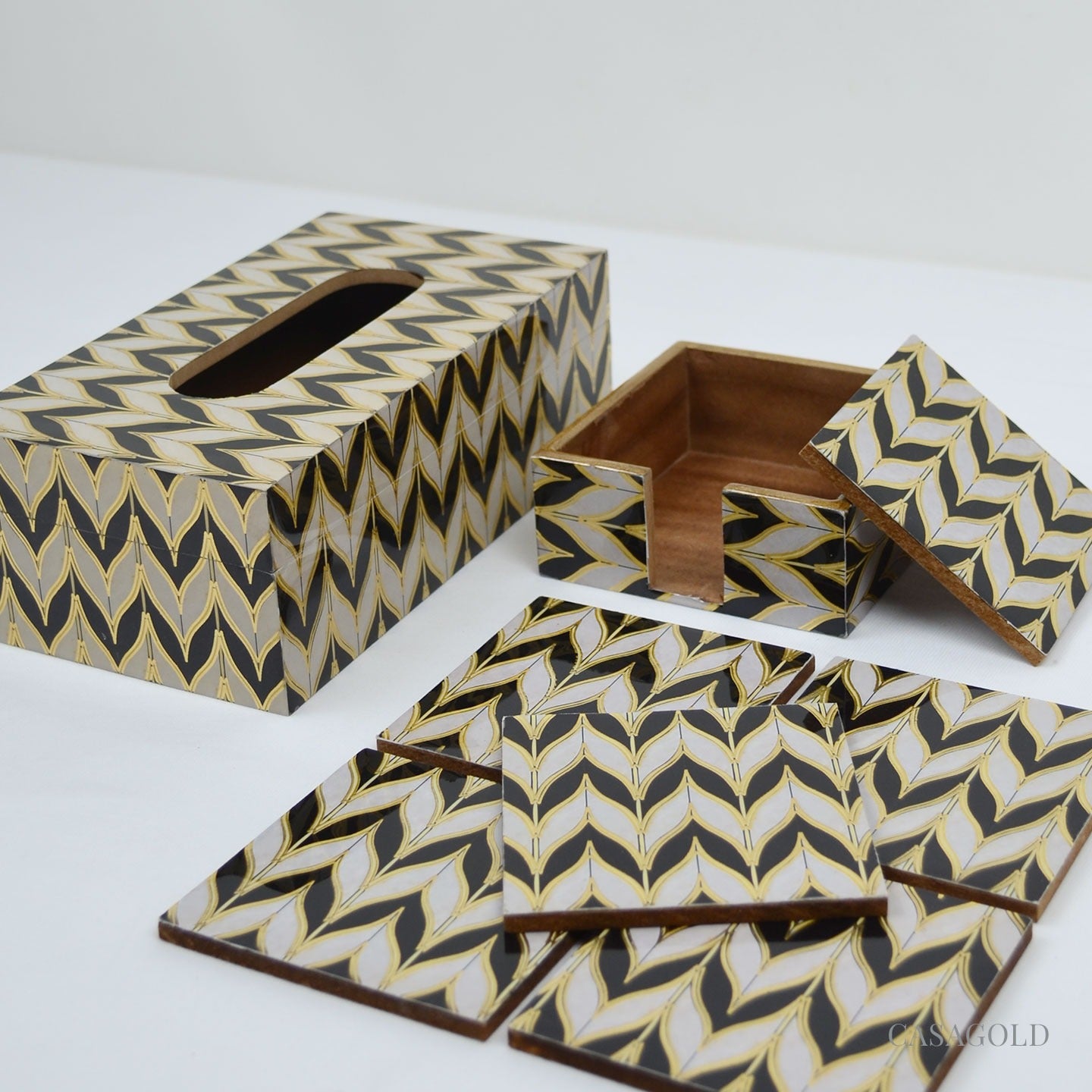 Coaster set with a tissue box featuring a drawer