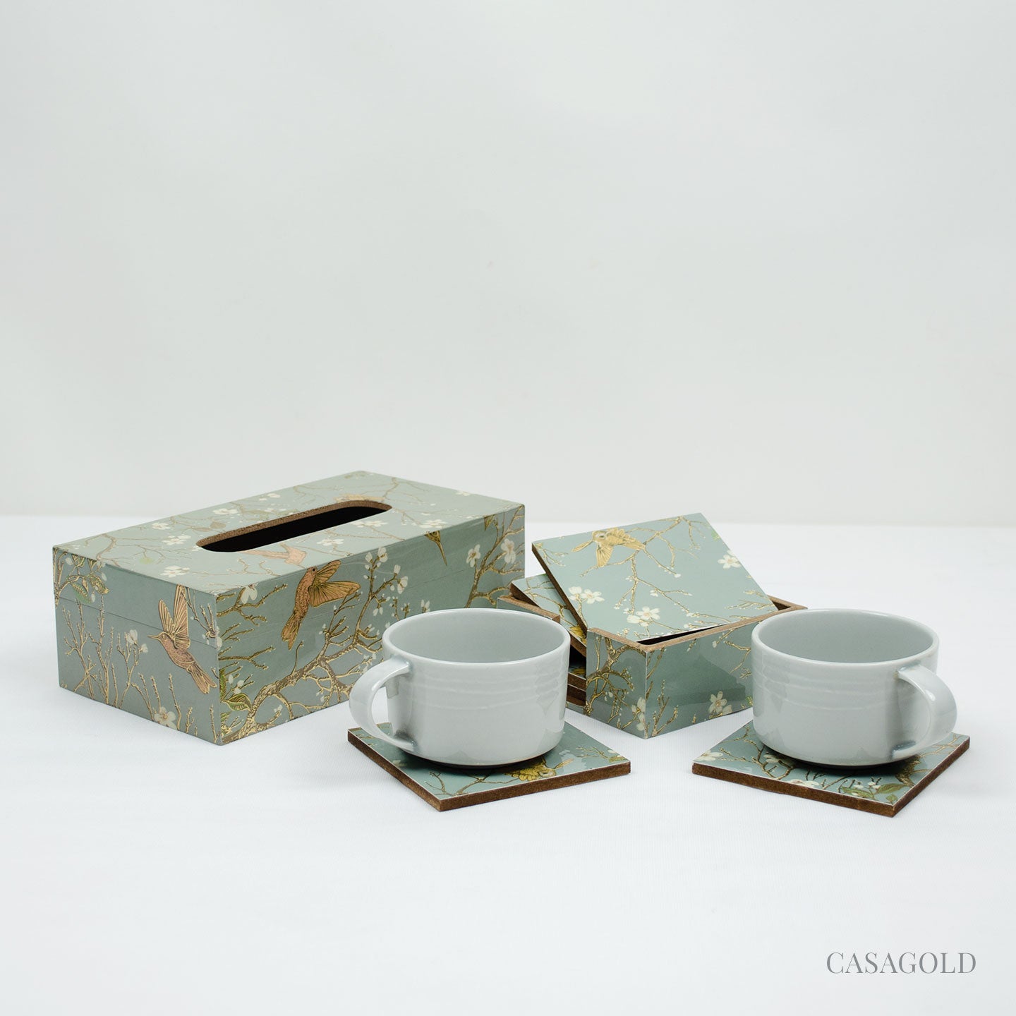Wooden coaster set with a hidden tissue box