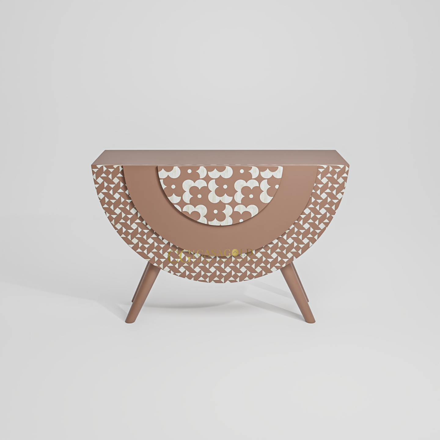 A contemporary black and white demi-lune cabinet. Its front is decorated with a layered, fan-shaped design.