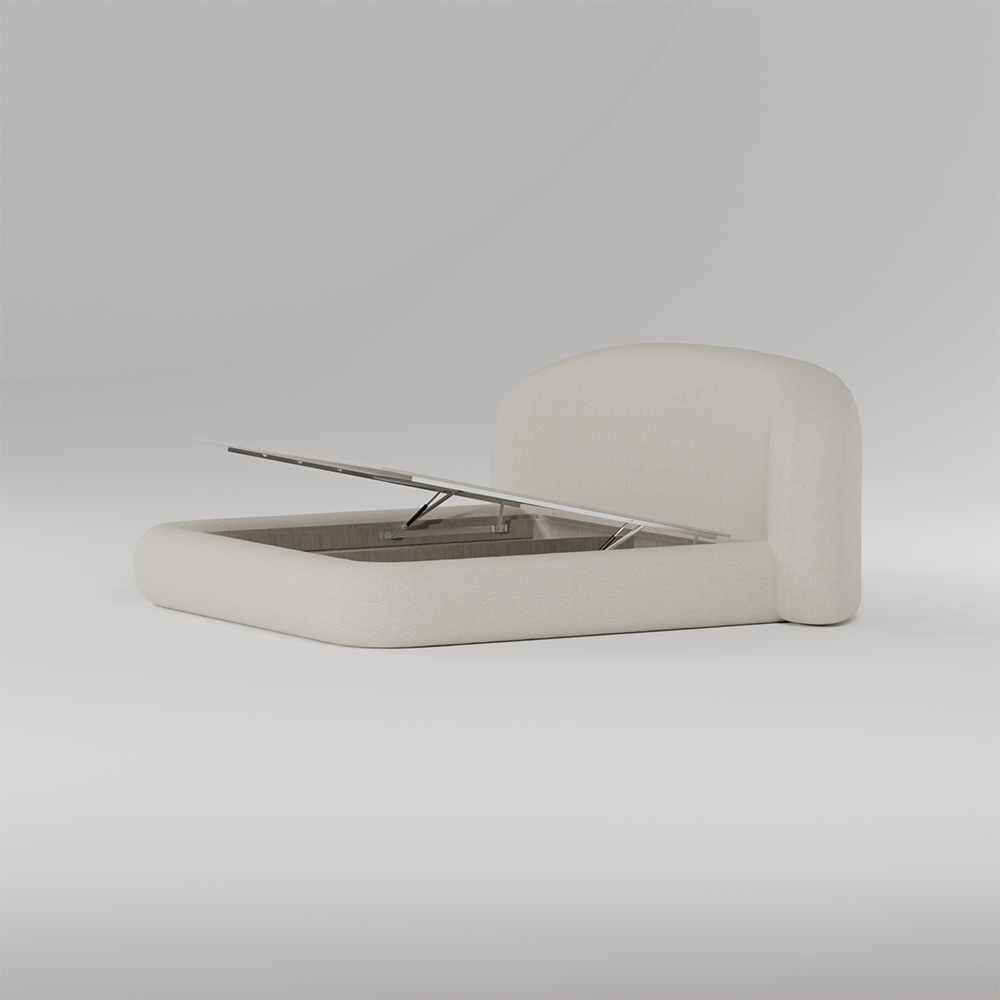 A light beige upholstered bed frame with a lift-up headboard,