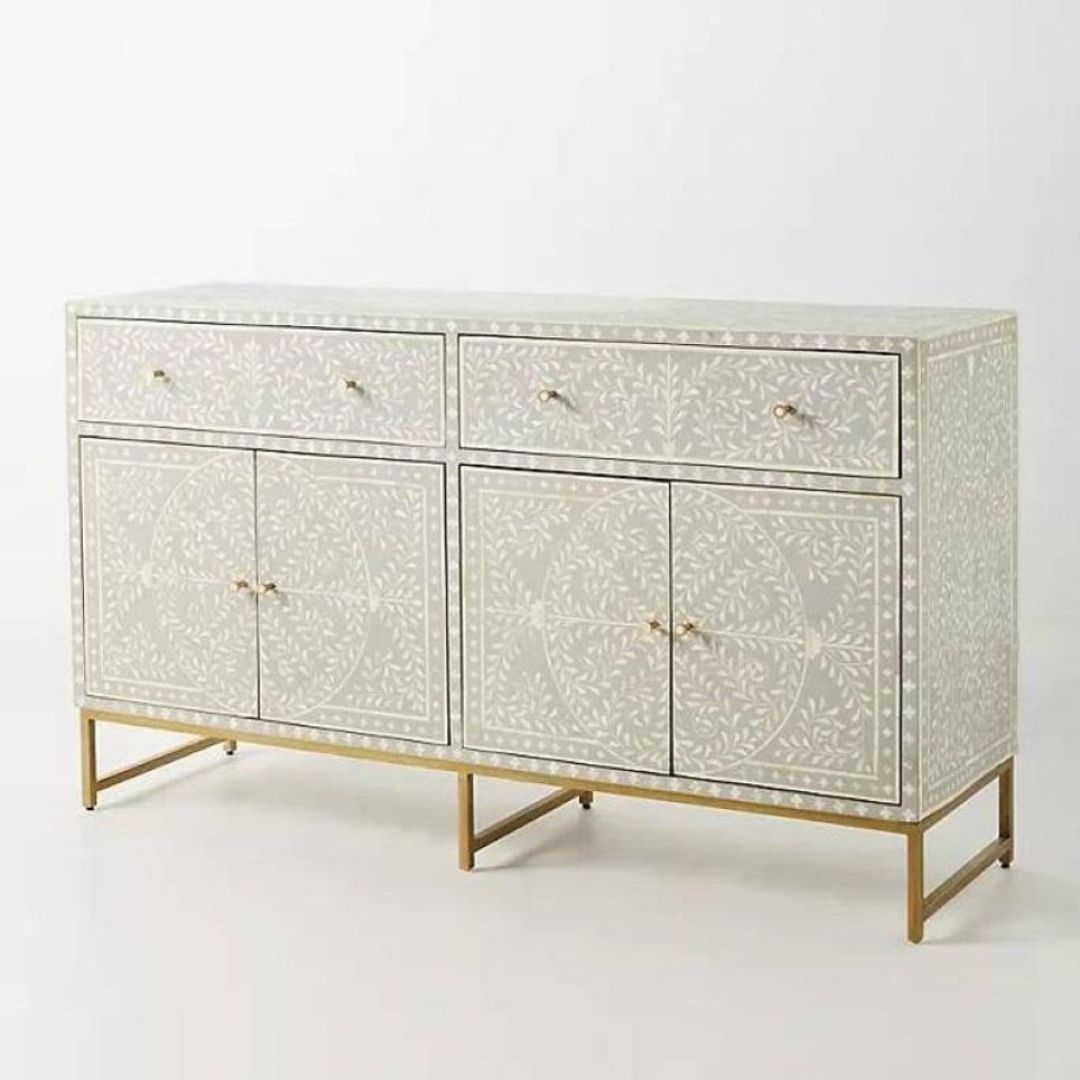 grey cleo-pattern inlay sideboard with ample storage.