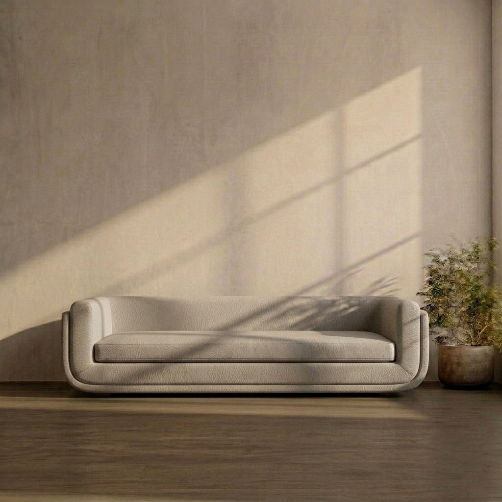 Grey sofa in a minimalistic room with sunlight casting shadows on the wall.