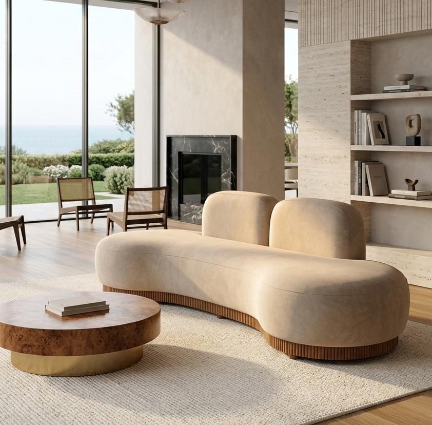 Modern living room with a beige sofa, wooden coffee table, and large windows.