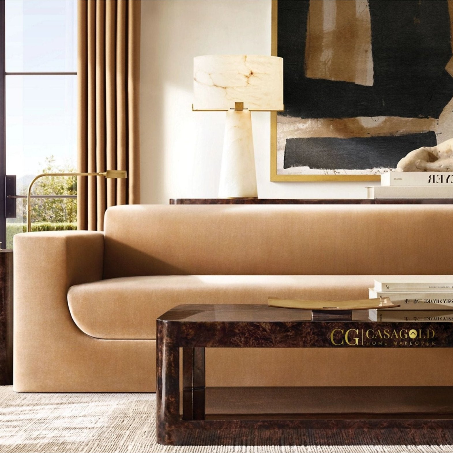 Modern beige sofa with solid wood frame