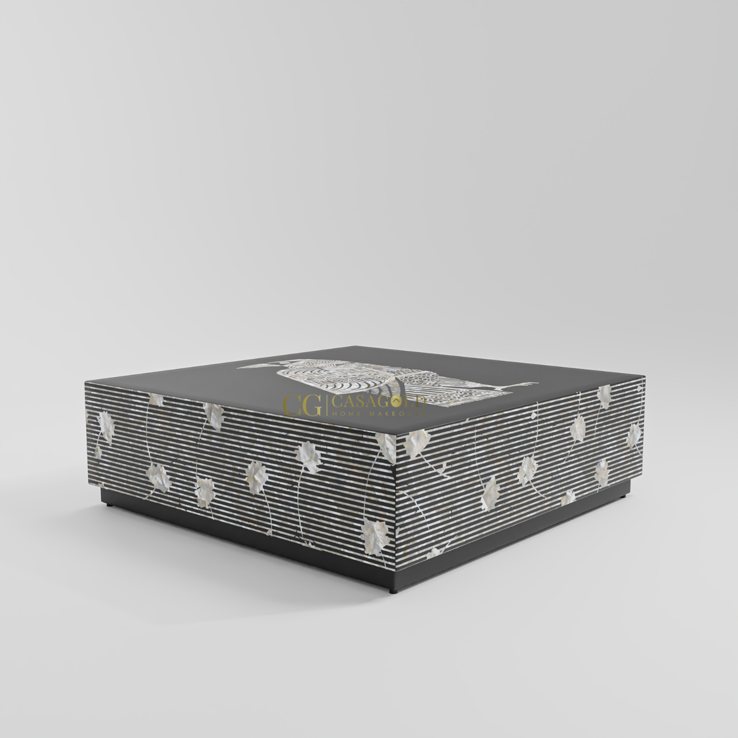 Black coffee table with decorative white and gold bird illustration and striped shell-patterned edges.