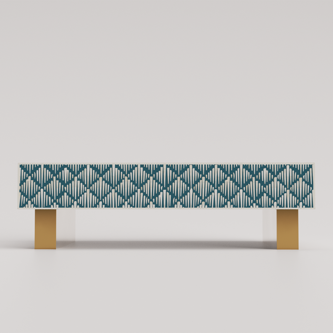 Geometric bone inlay rectangular coffee table for artistic interiors"