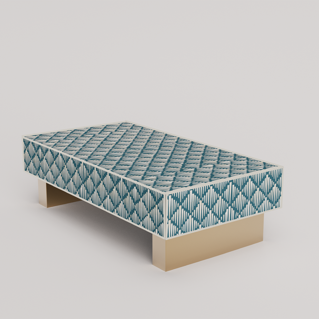 "Handcrafted black rectangular coffee table featuring intricate bone inlay"