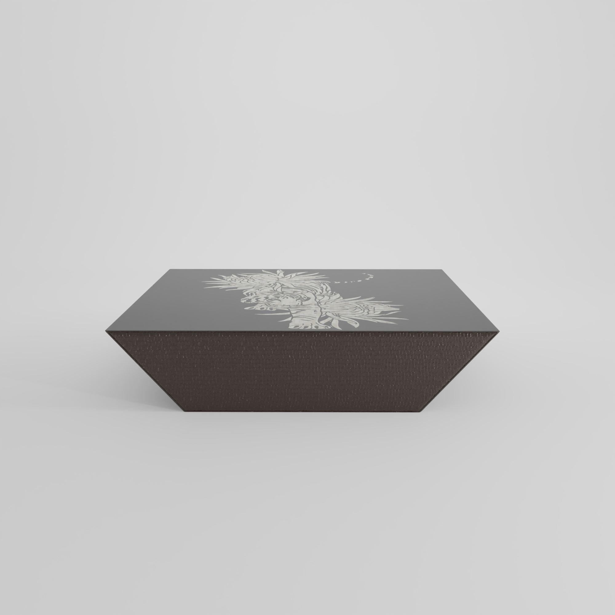 Black glossy coffee table with ivory tiger and floral artwork
