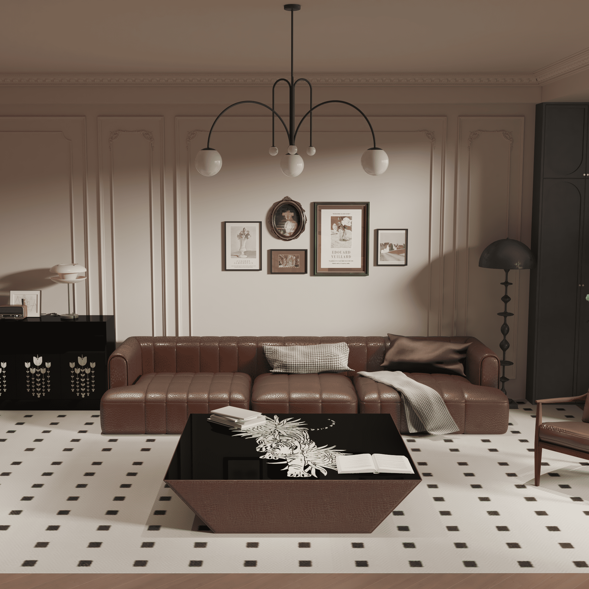 Designer square center table with tiger illustration top view