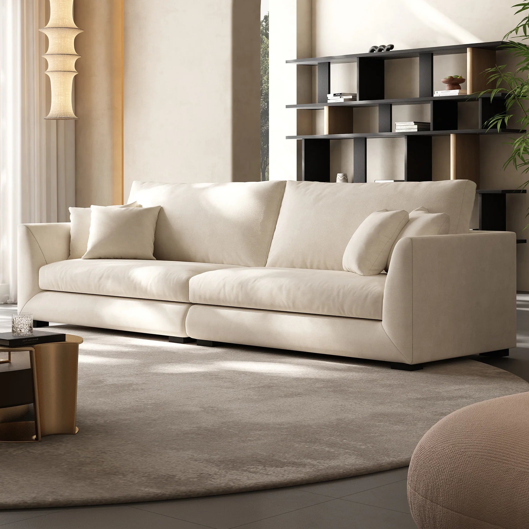 Modern charcoal white living room sofa with deep cushions, metal legs, and customization options.
