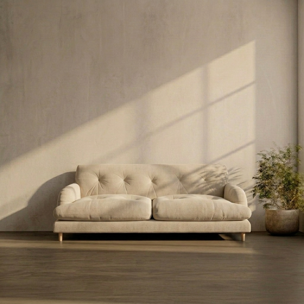 Beige sofa in a room with a concrete wall and sunlight casting shadows.
