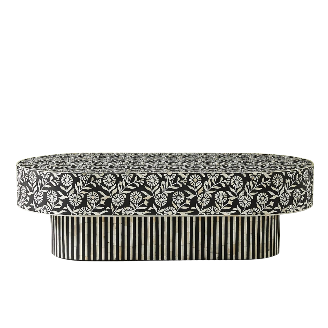 Sunflower Inlay Oval Shape Coffee Table - Black & White