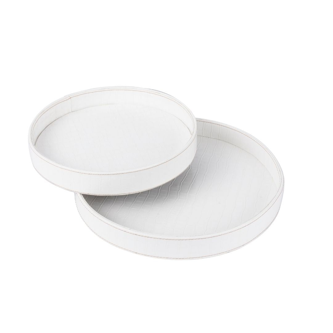 Round White Leather Tray - Set of 2