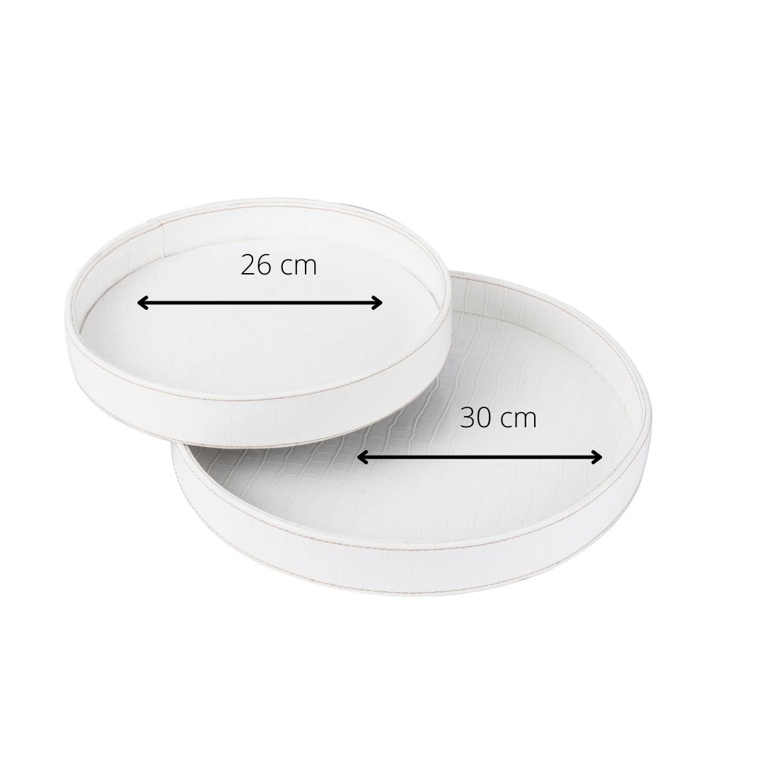 Round White Leather Tray - Set of 2
