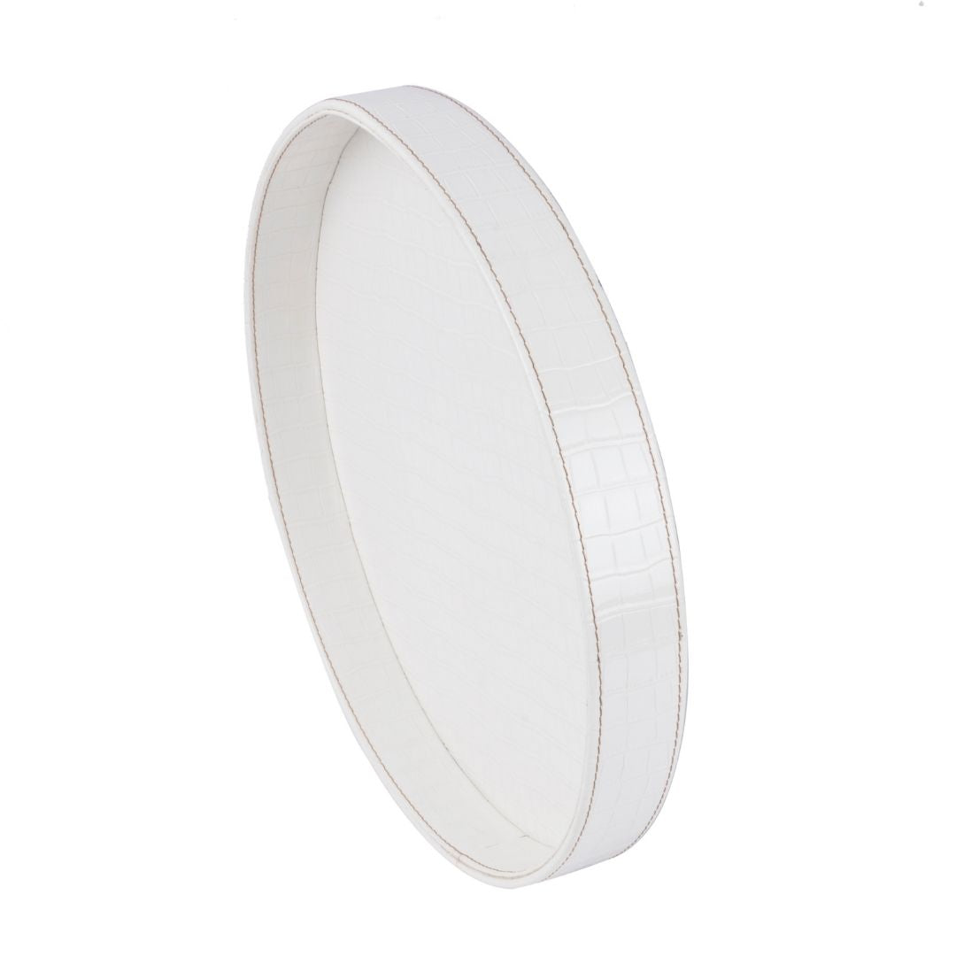 Round White Leather Tray - Set of 2