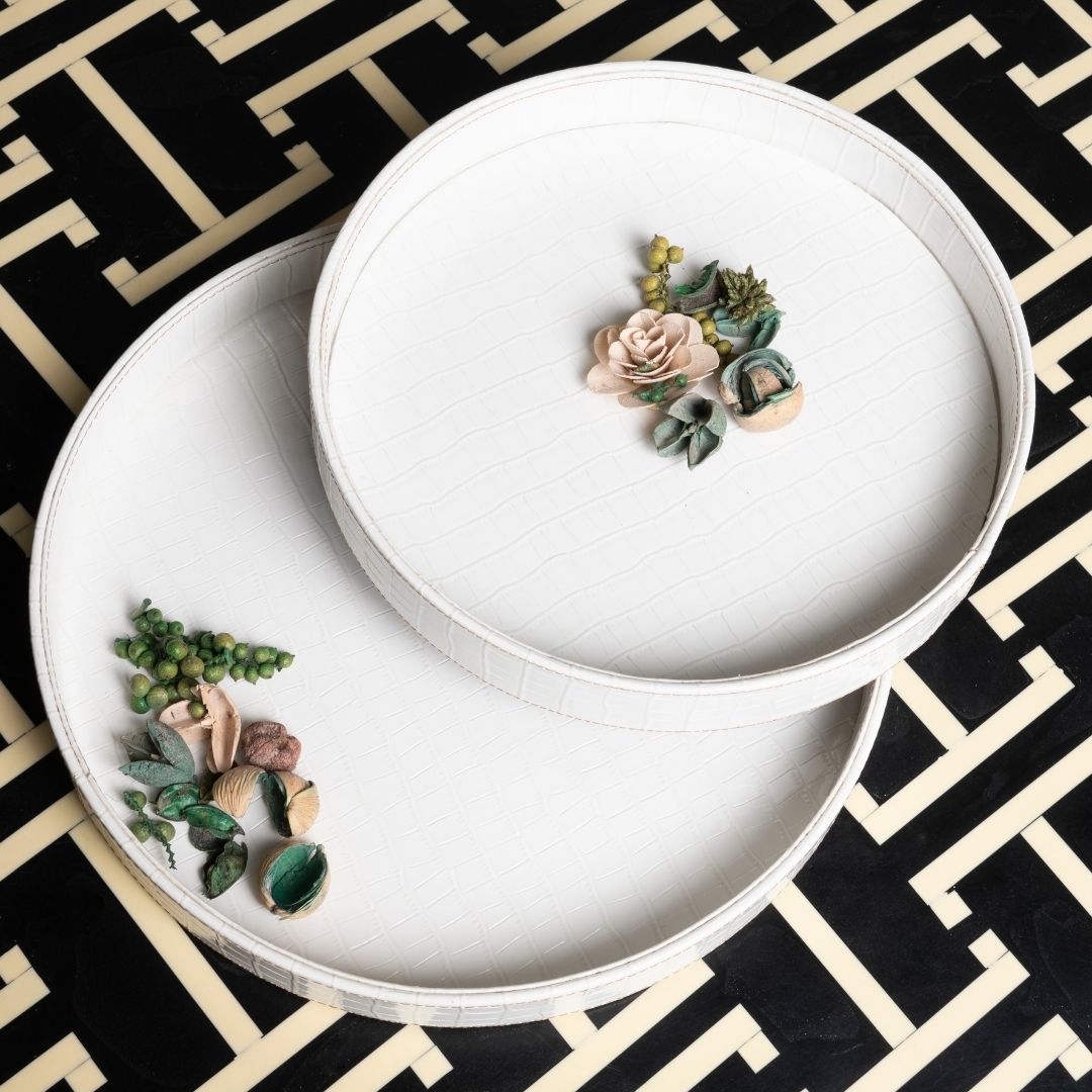 Round White Leather Tray - Set of 2