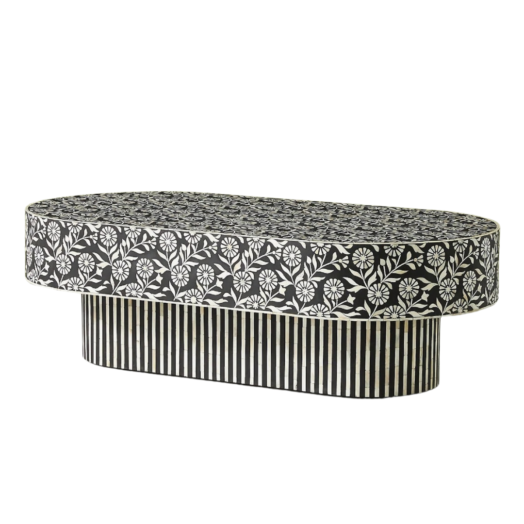Sunflower Inlay Oval Shape Coffee Table - Black & White
