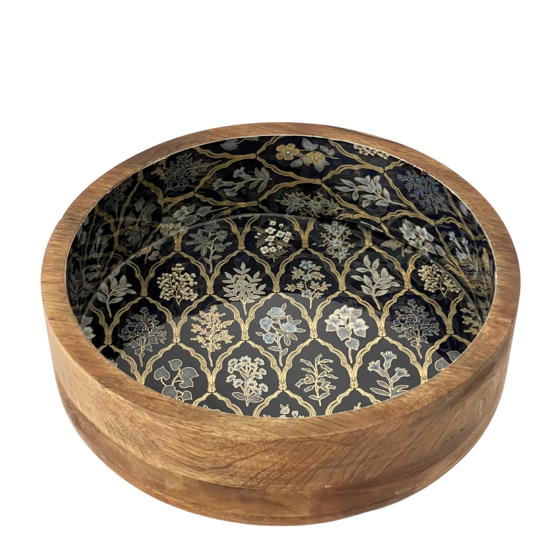 Wooden Serving Bowl - Blue Flora