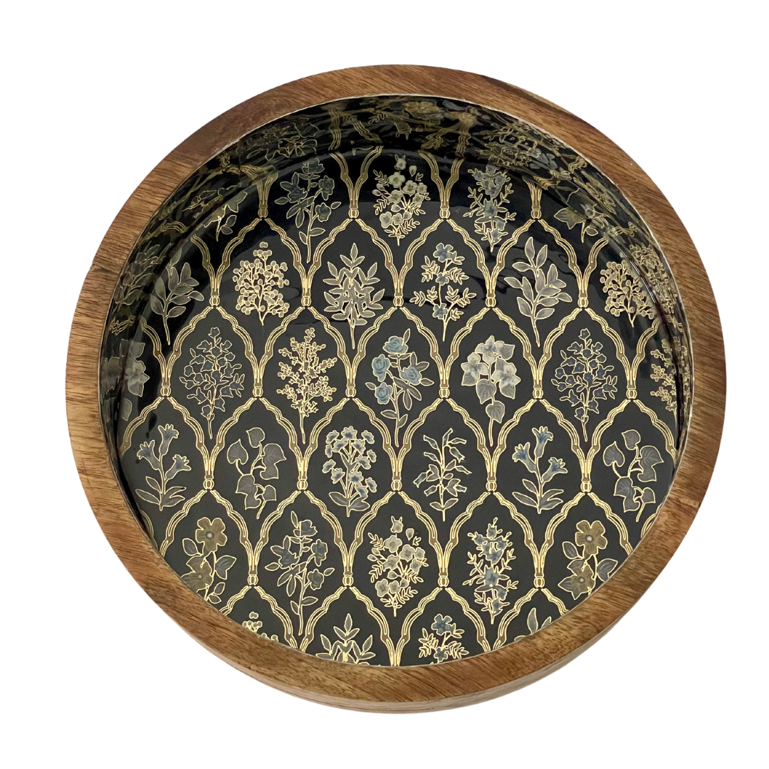 Wooden Serving Bowl - Blue Flora