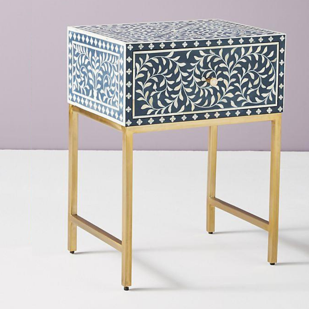 Antique-Style Rectangular Bone Inlay Table with Gold Legs
