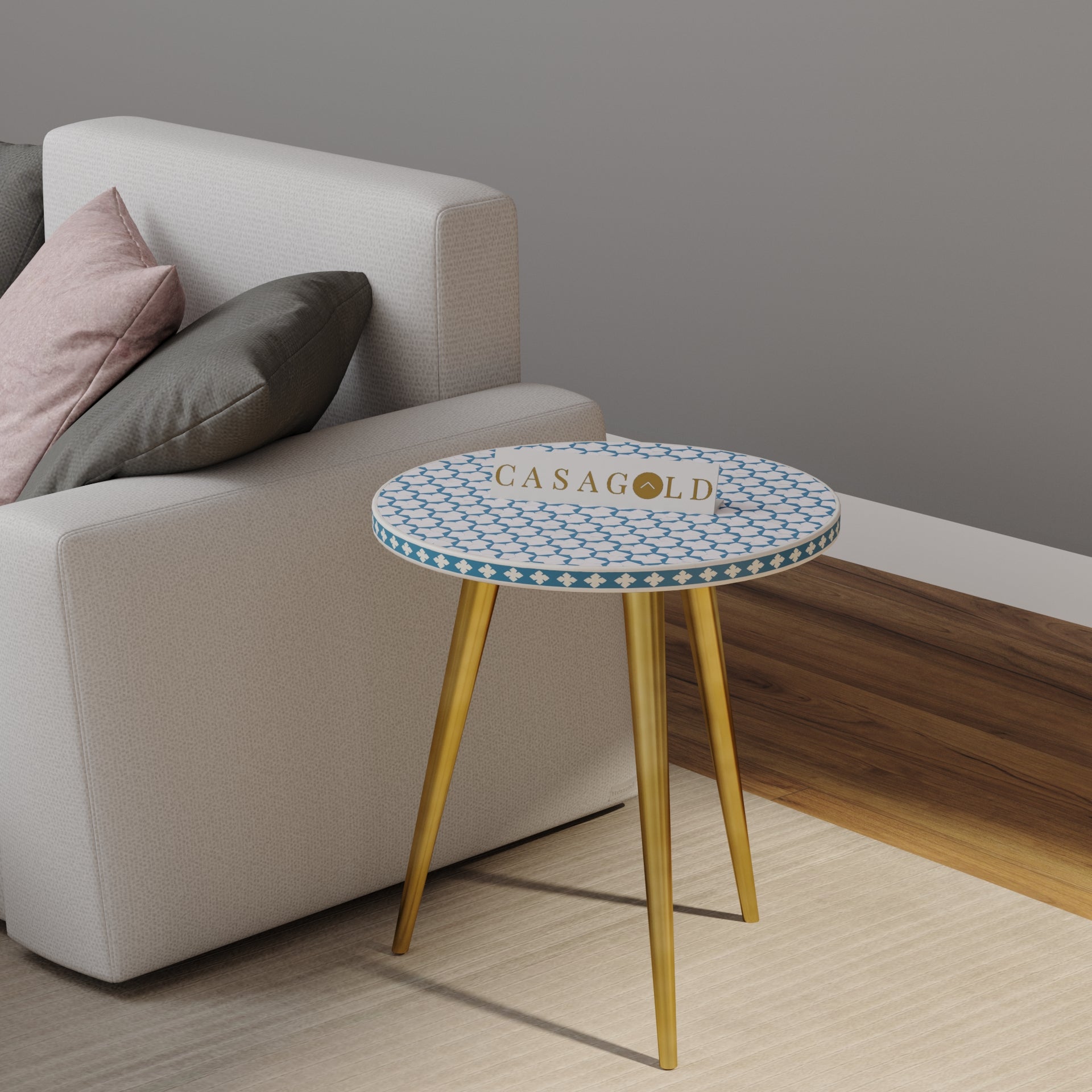 "Antique-style bone inlay round side table with classic 3-leg design"
