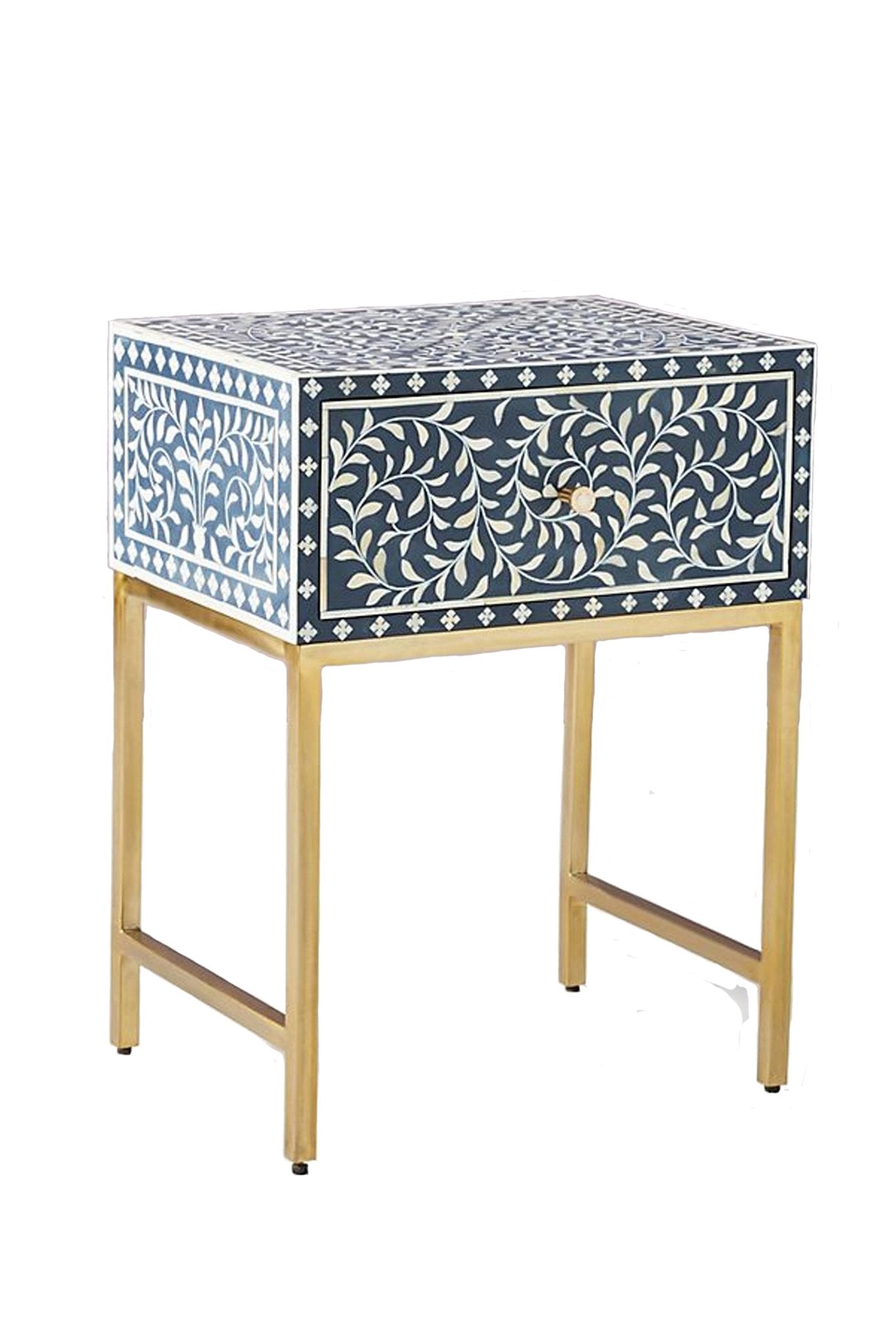 "Antique-style rectangular bone inlay bedside table supported by elegant gold legs"
