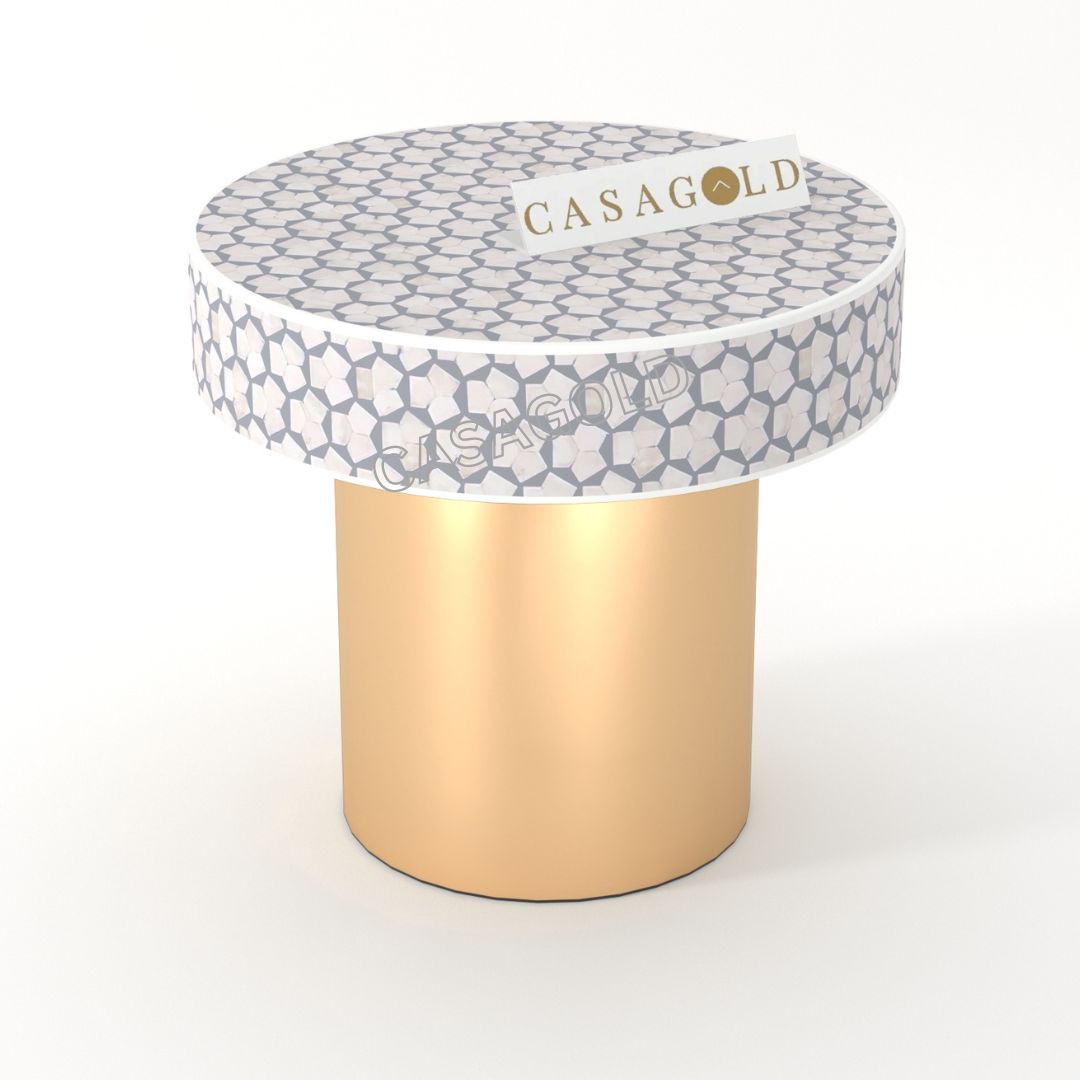 "Antique-style round bone inlay bedside table with timeless appeal for a vintage touch"