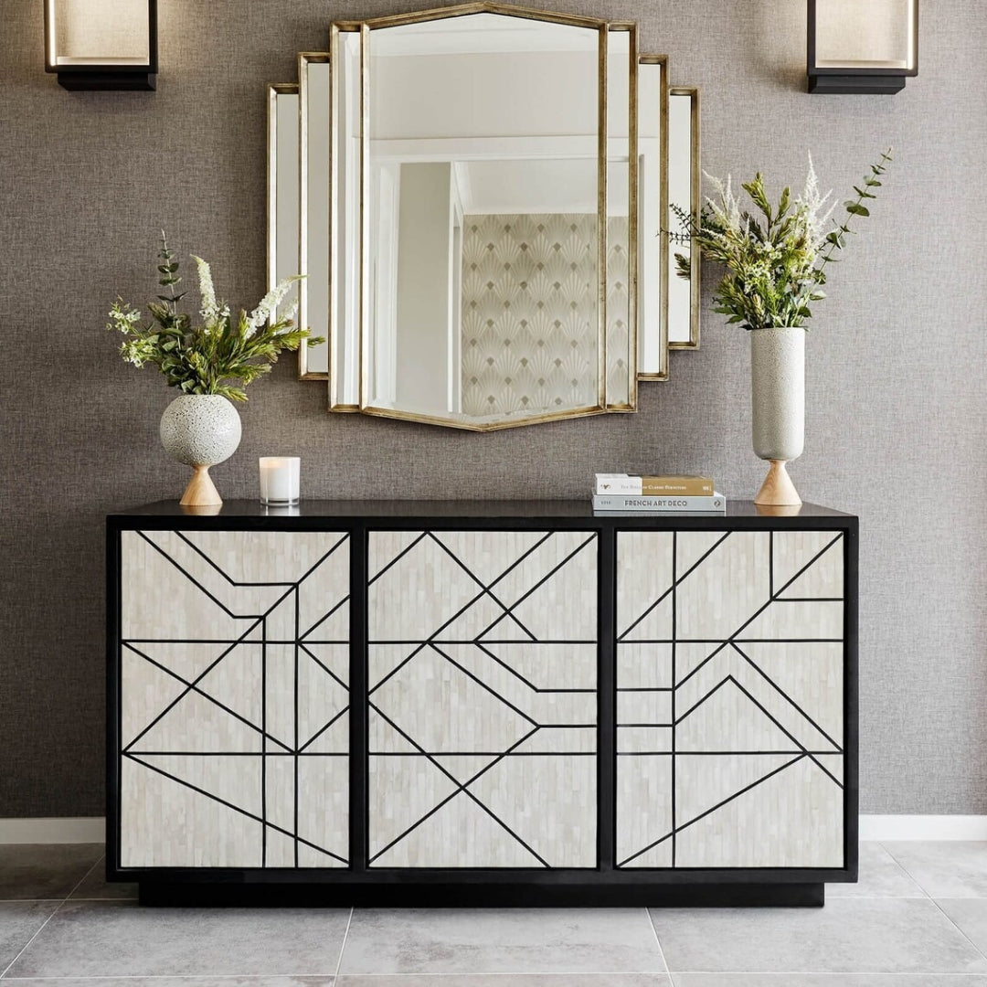 Antique black chevron-pattern inlay sideboard for dramatic decor.