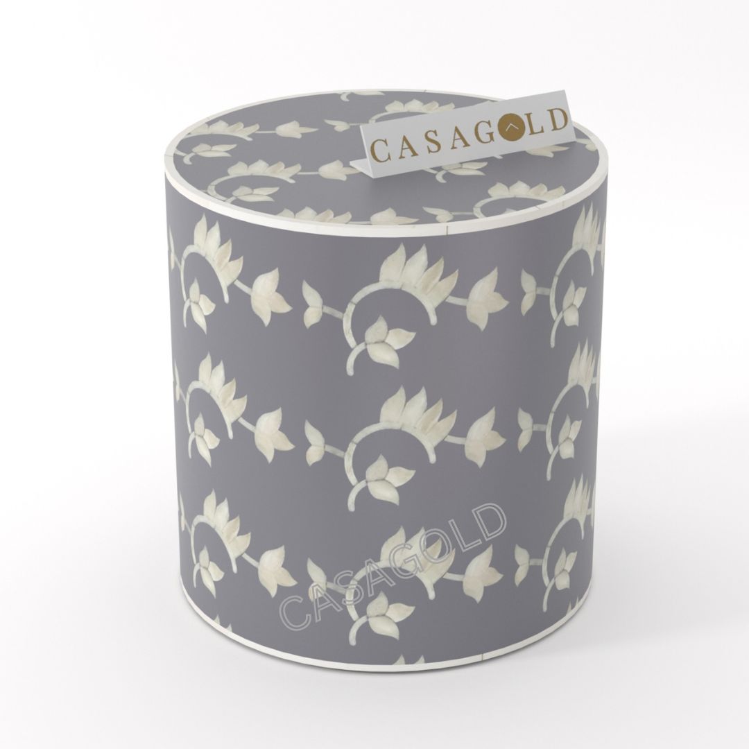 "Artistic drum inlay side table with creative and intricate designs"