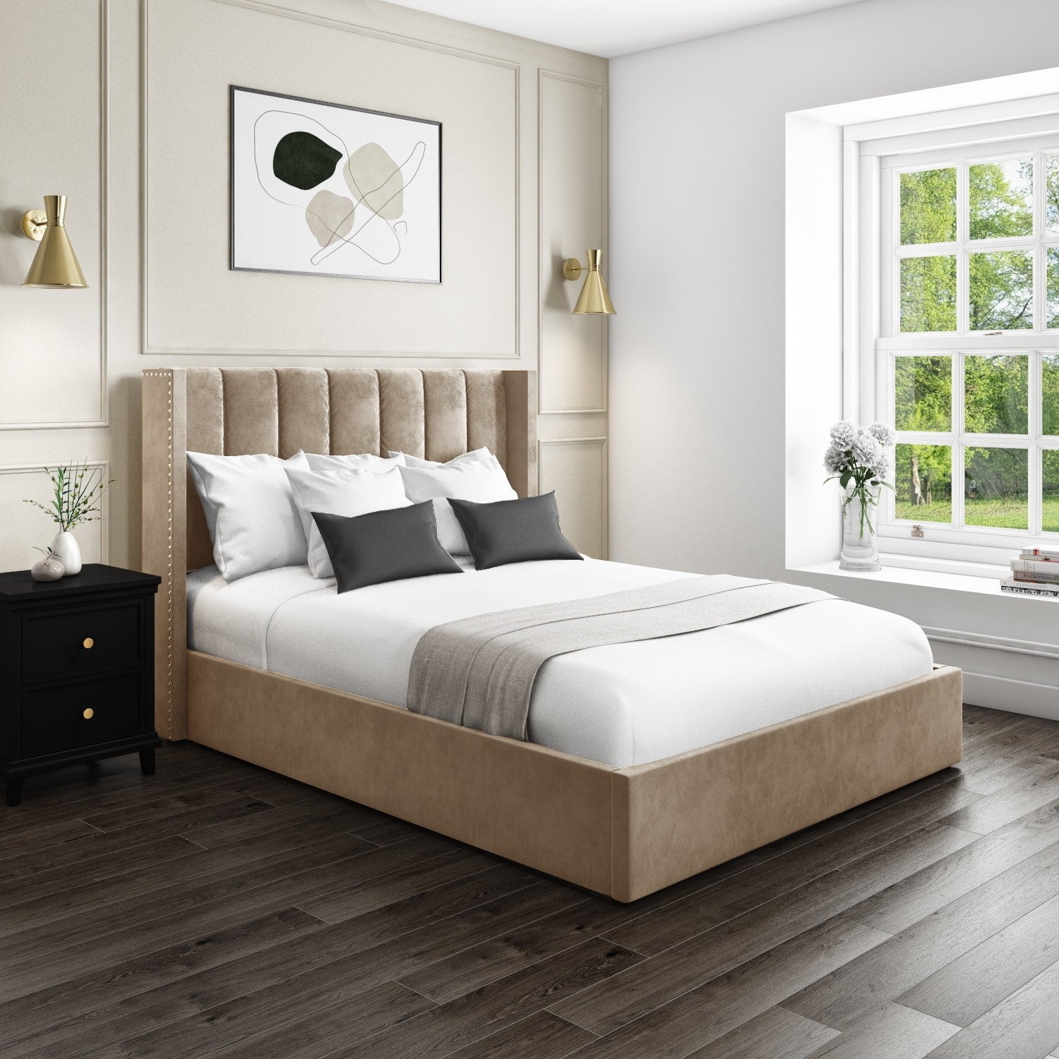 Padded wings bed with hidden storage compartments