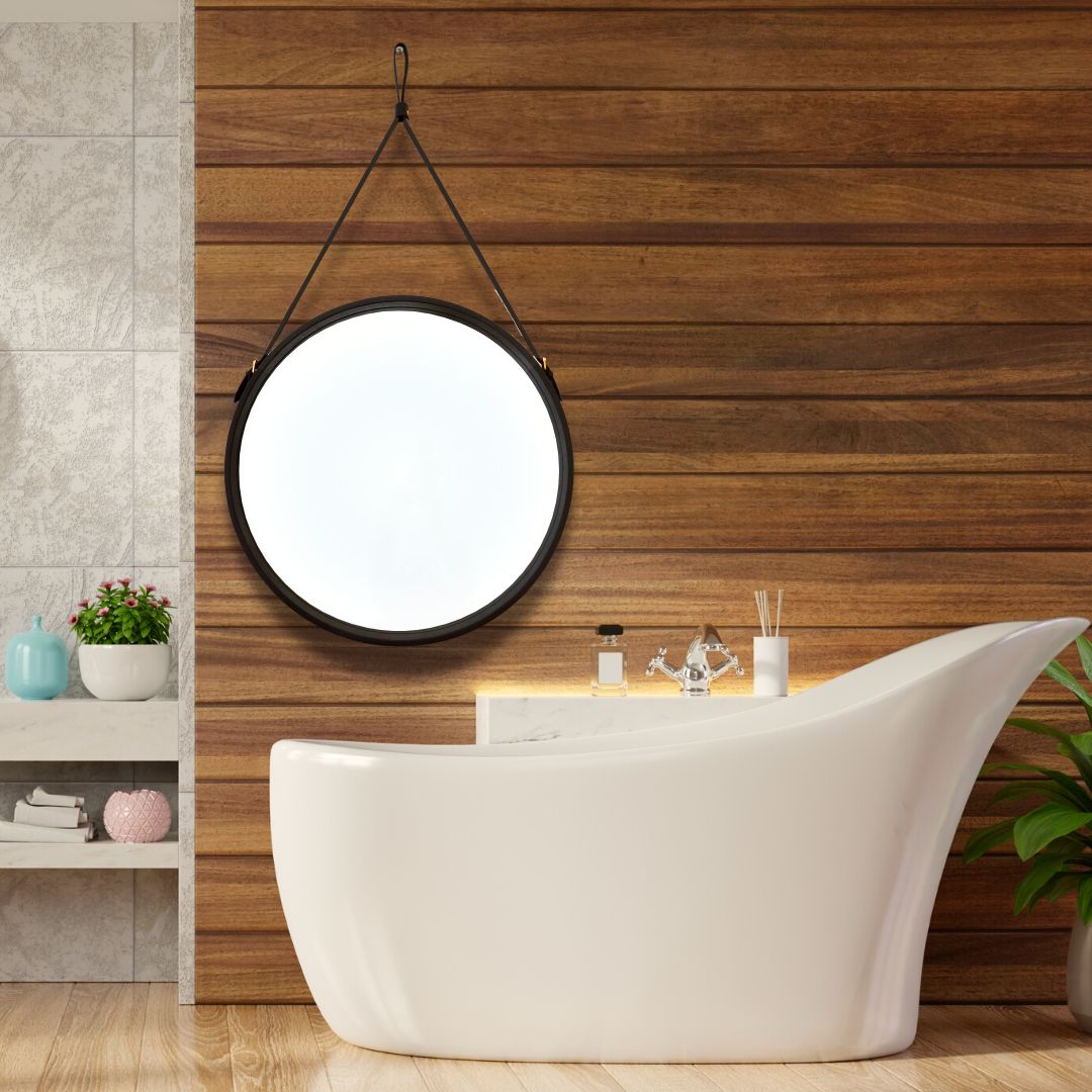 "Handcrafted leather accent mirror for a unique and personalized touch."